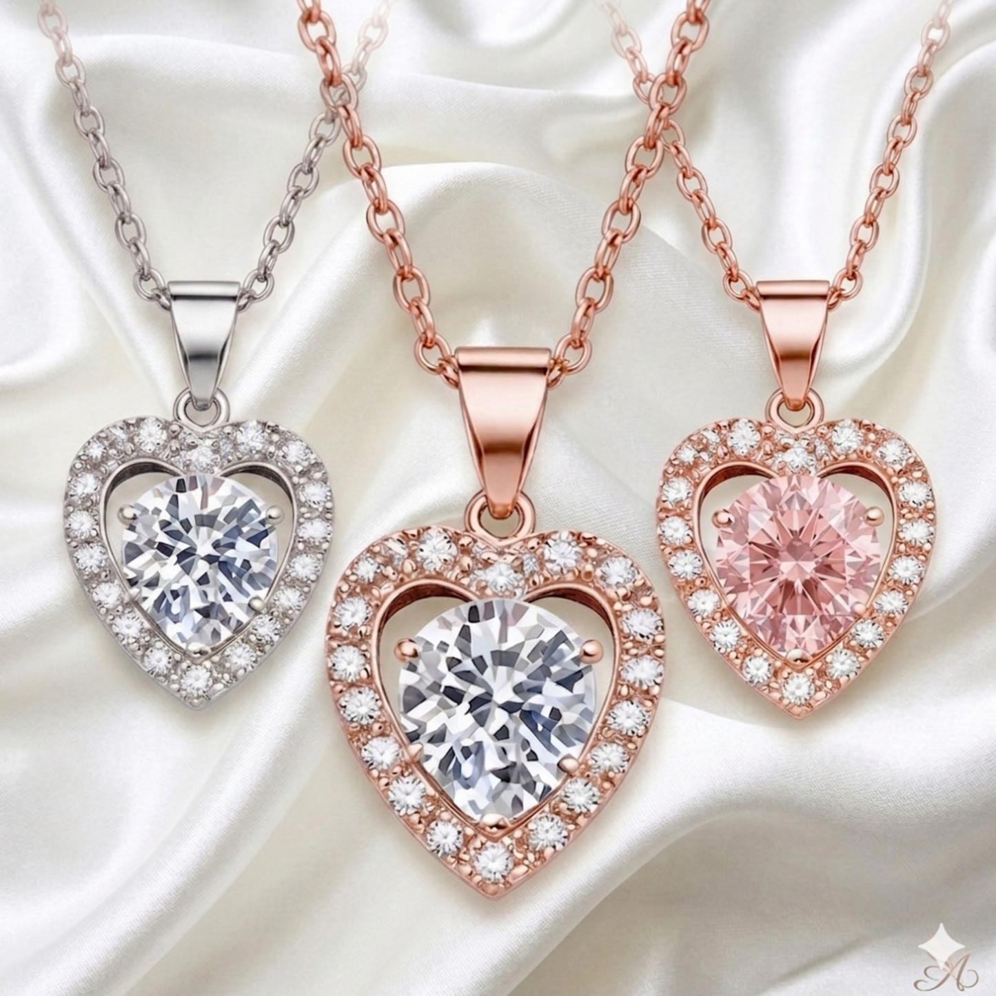Three heart-shaped moissanite diamond pendants in silver, rose gold, and pink gold on a white background.