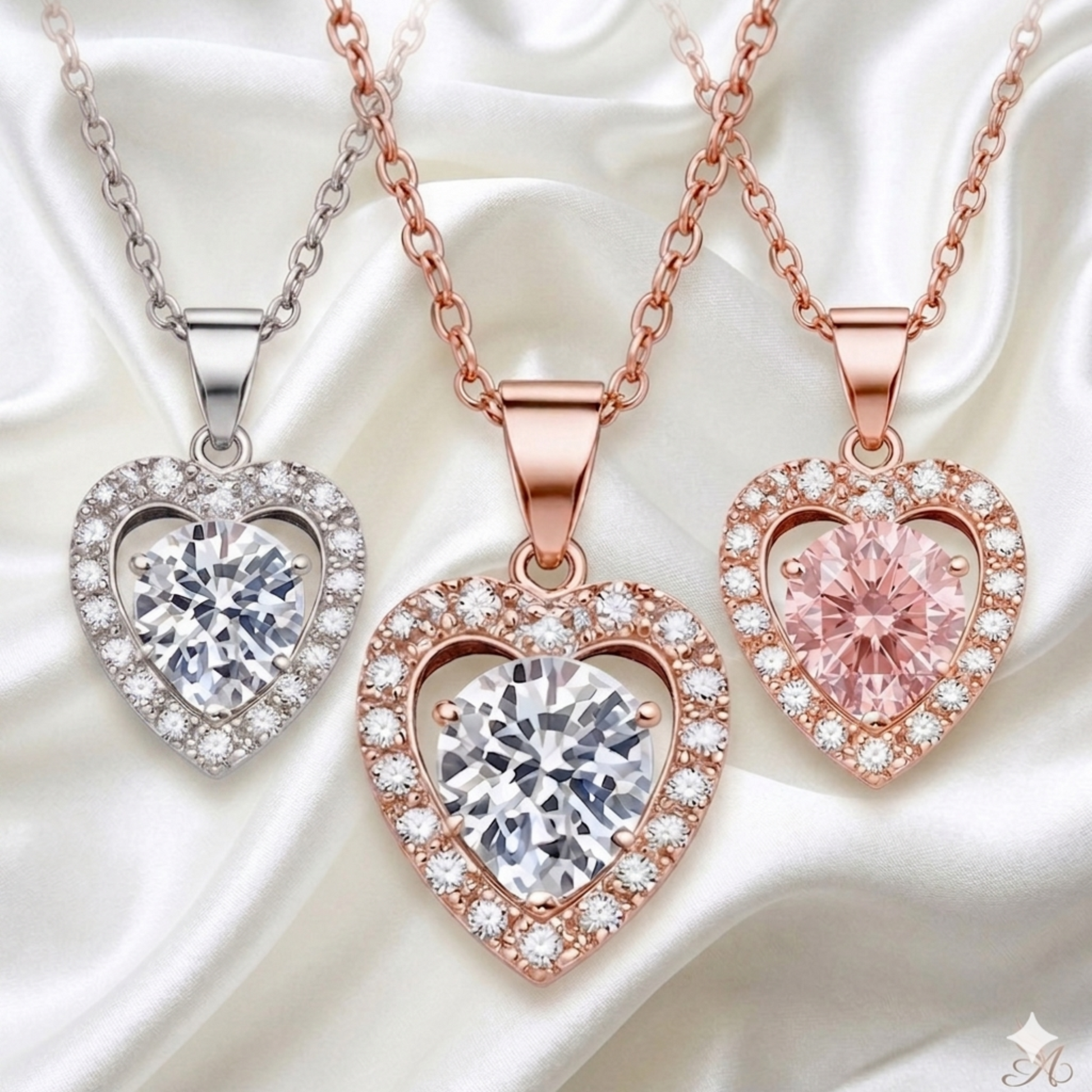Three heart-shaped moissanite diamond pendants in silver, rose gold, and pink gold on a white background.