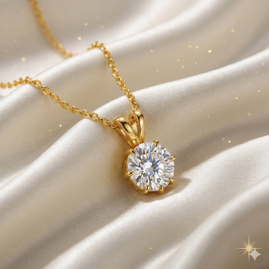 Gold necklace with a diamond pendant on a beige fabric background