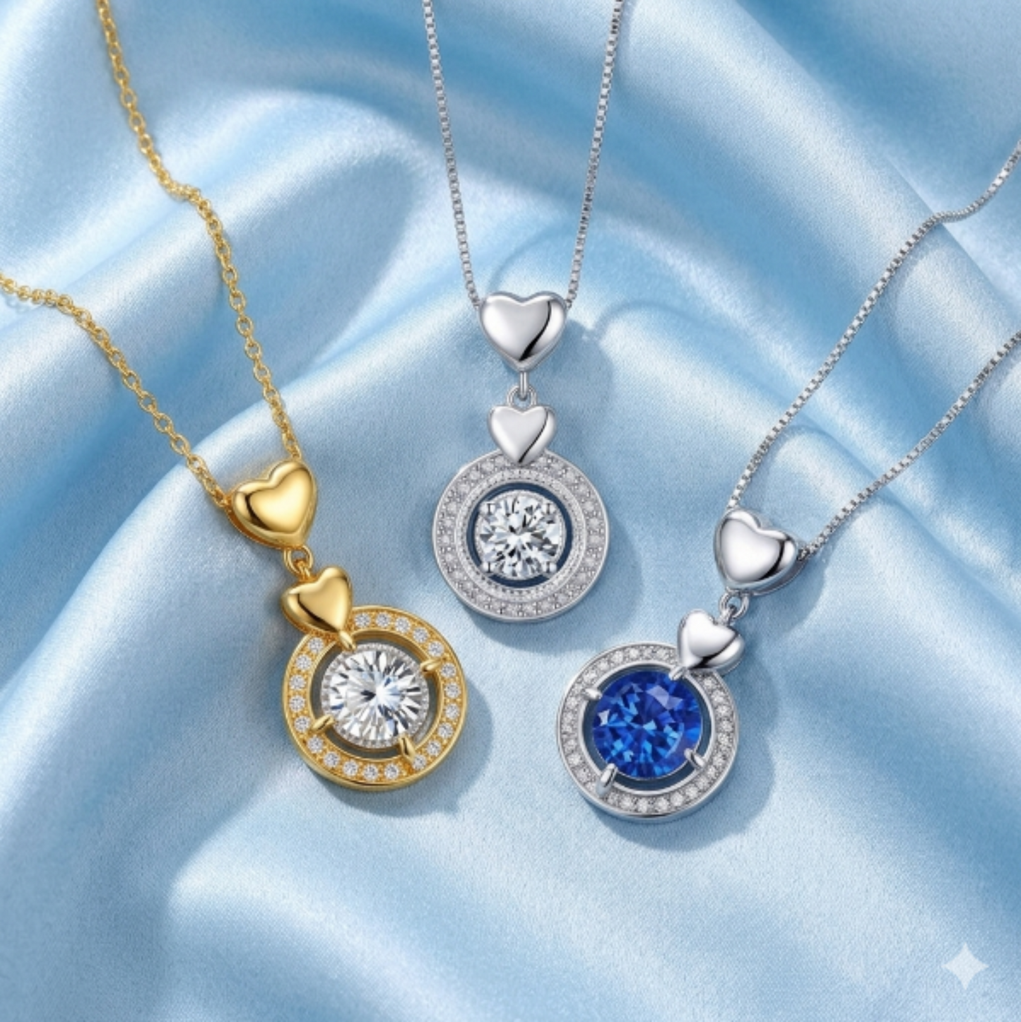 Three necklaces with heart and circular moissanite pendants on a light blue fabric background
