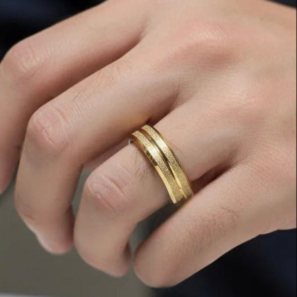 Textured gold double band ring, made of 18K gold plated stainless steel. The ring features two distinct, parallel bands that appear to be fused, creating a unified yet layered look.