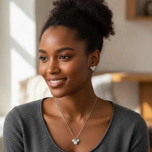 Minnie Mouse Bow necklace and earrings in silver tone finished, 18K gold plated titanium, which gives tarnish resistance, and sophisticated look.