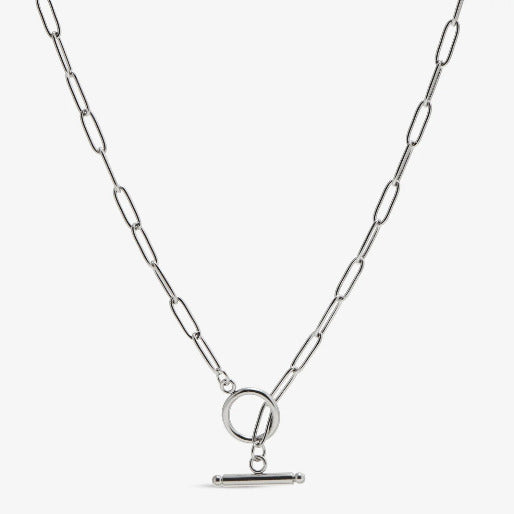 The link style of the necklace is celebrated for its ability to catch and reflect light, giving the silver-toned metal a subtle shimmer. It versatile design makes it suitable for everyday wear or for layering with other necklaces.