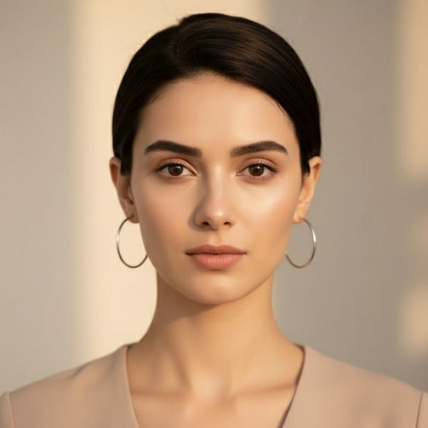 Woman wearing pair of silver tone hoop earrings, characterized by the classic circular shape. Made from 18K gold titanium, make them long lasting and tarnish free.