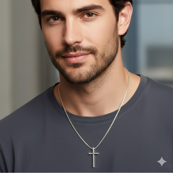 Man wearing a silver tone necklace with a cross pendant. 18K white gold plated stainless steel. Pendant is a plain cross with flat and sharp edges, providing a clean and contemporary look.