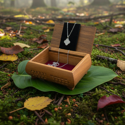Wooden jewelry box with silver necklace and a white clover pendant with multiple sparking accents in it.