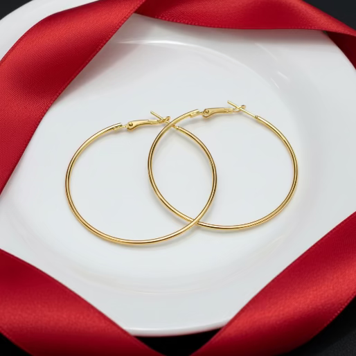 Gold hoop earrings on a a white jewelry plate adorned with e red ribbon