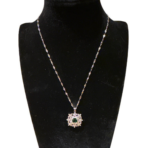 Emerald Green Floral Silver Pendant Necklace