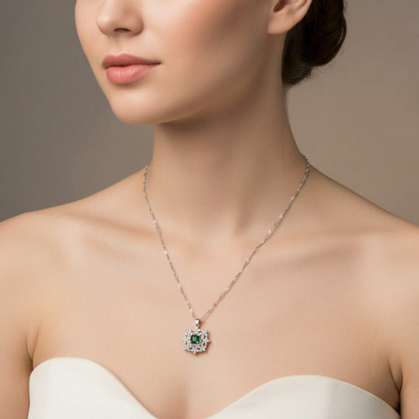 Emerald Green Floral Silver Pendant Necklace
