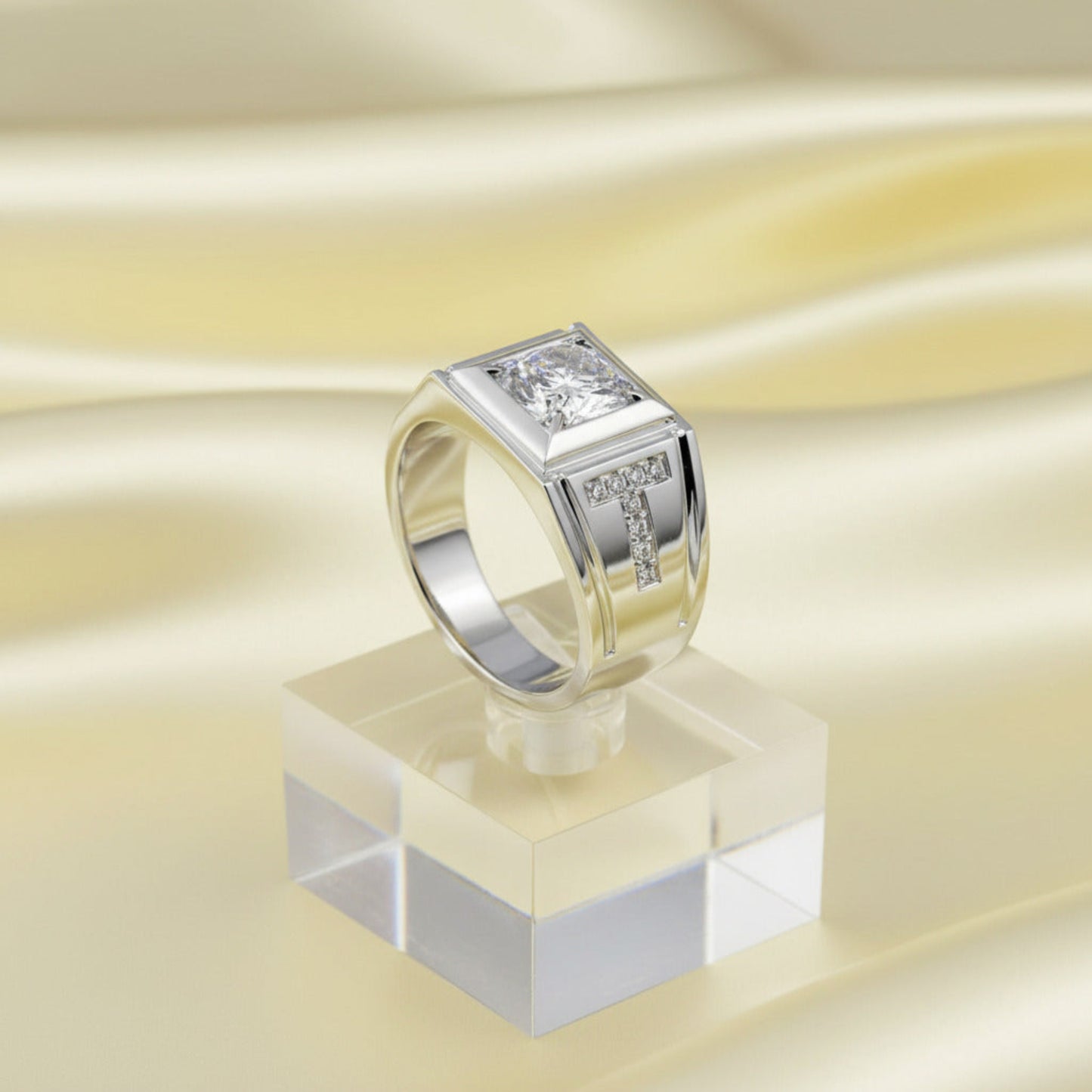 Silver ring with a clear gemstone on a white background
