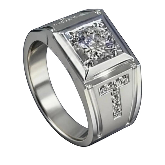 Men Solitaire Signet Ring with Pave Accents