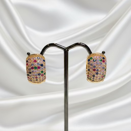 Gold multicolored gemstone earrings on a black background
