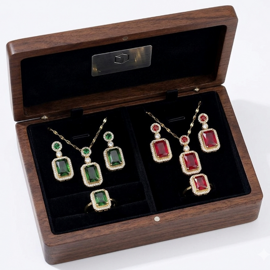 Jewelry set with green and red gemstones in a wooden box on a white background