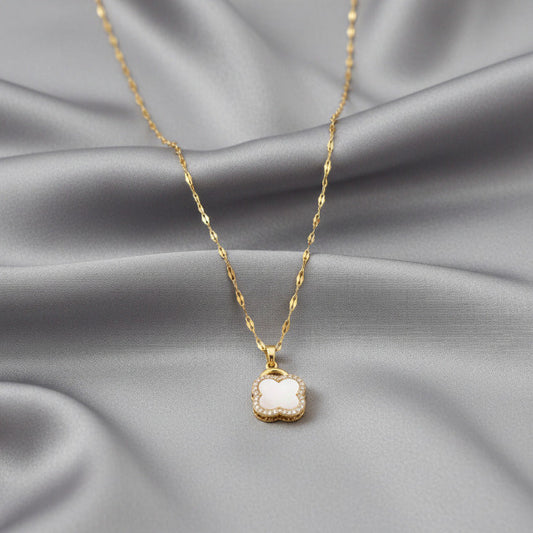 Spinning White Four leaf Clover Pendant Necklace