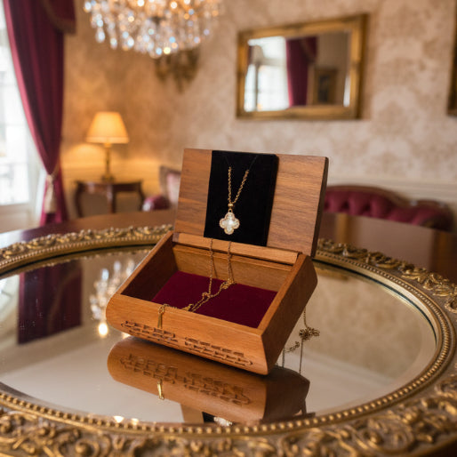 Wooden jewelry box with a gold necklace and a white clover pendant.