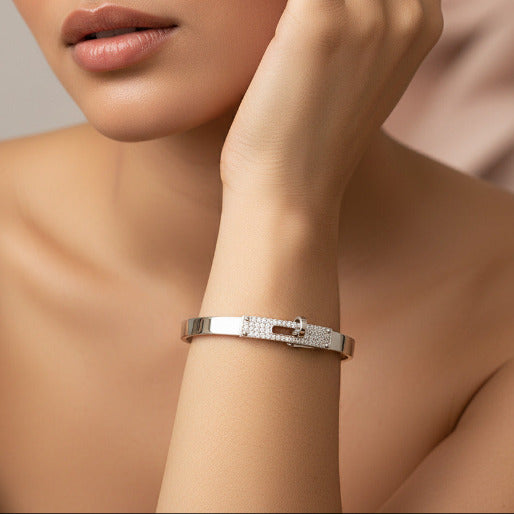 Silver bracelet with glittery accents on a woman