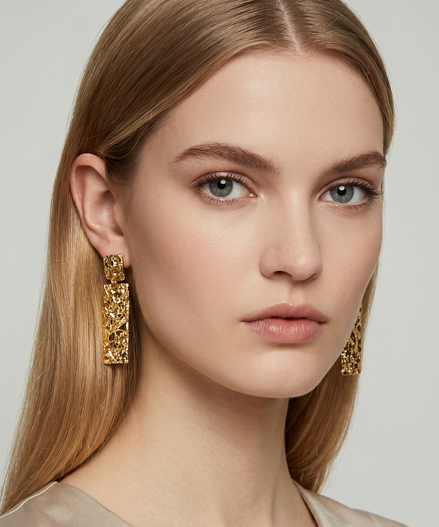 Drop Gold Rectangle Hammered Earrings