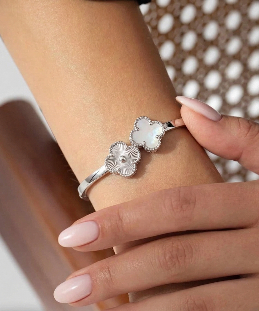 Mother of Pearl Silver Tone Clover Bangle Bracelet
