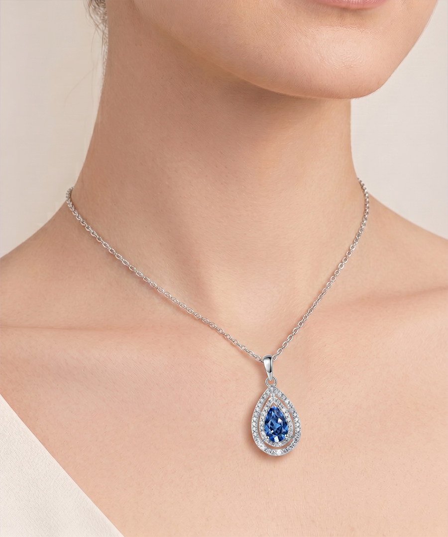 Halo Teardrop Blue Moissanite Pendant Necklace
