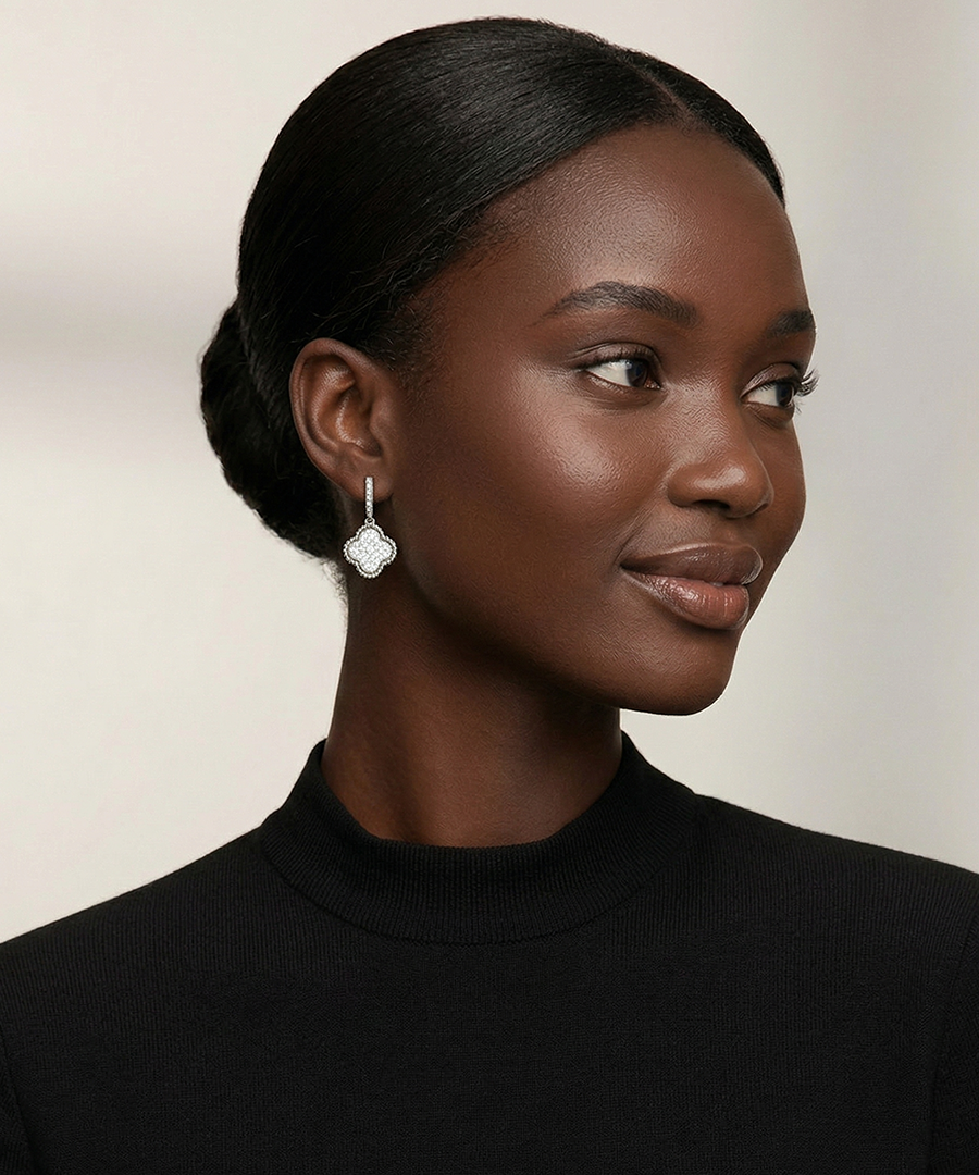 White Gold Plated Clover Dangle Earrings