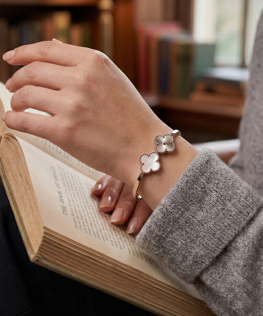 Mother of Pearl Silver Tone Clover Bangle Bracelet
