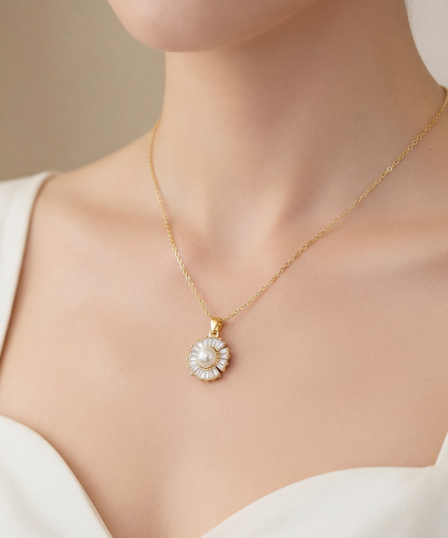 Pearl and Zirconia Halo Gold Plated Pendant Necklace