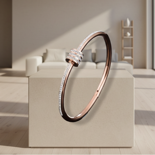 The hinged closure suggests ease of wear and a secure fit, making them a sophisticated accessory for various occasions.