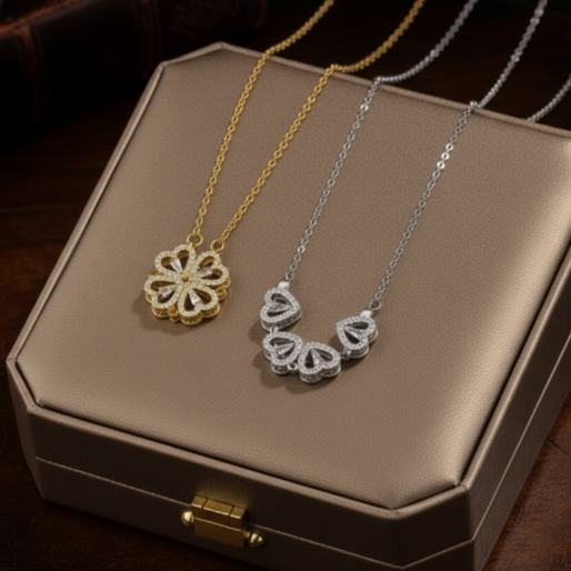 Two of the available magnetic necklaces, the gold in a closed circular four leaf arrangement and the silver in an open way with the four hearts in a linear display. This shows the versatility of this necklace.