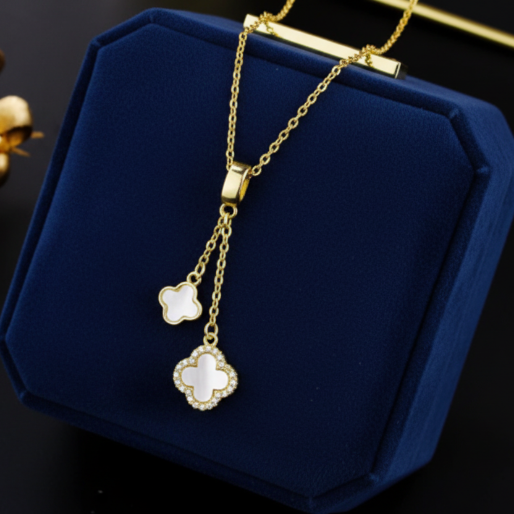 Gold necklace with floral clove double pendants, on white enamel finish