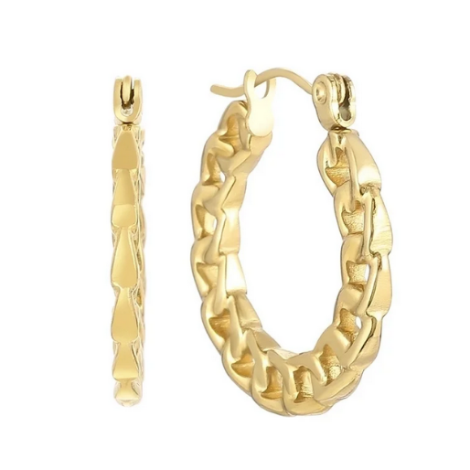These are a pair of elegant gold hoop earrings, distinctive for their intricate chain link design. Each earring forms a complete hoop.