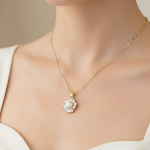 The necklace prominently features a round pendant with a central pearl, visually captivating with its surrounding baguette-cut crystals. These crystals are arranged radially, emanating from the pearl like sunbeams or petals, creating a brilliant, eye catching sparkle.