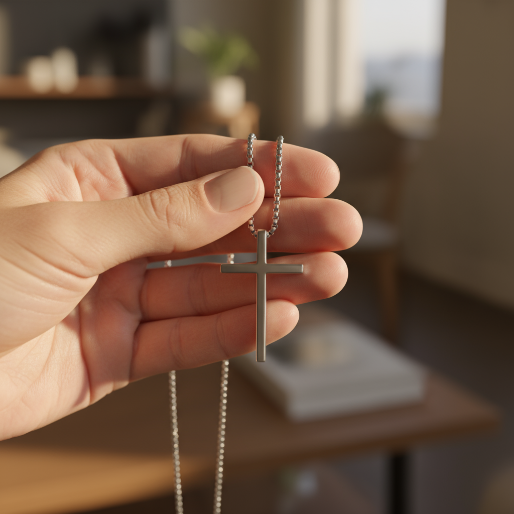 The embellished cross design ensures it can be worn subtly or as a prominent statement piece, making it adaptable for daily wear or more formal events.