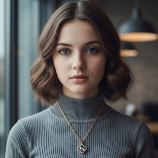 Elegant gold toned necklace featuring a distinctive clover-shaped pendant. The central part of the clover showcases a vibrant, iridescent crystal that shifts in color, predominantly displaying shades of purple, blue, and green.