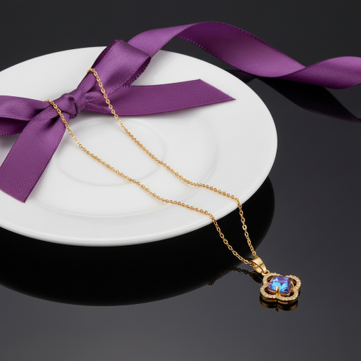The most striking feature of this necklace is the pendant's central iridescent element. It catches the light beautifully, displaying a mesmerizing plays of colors. This visual dynamism ensures the necklace stands out as unique and attention-grabbing accessory.