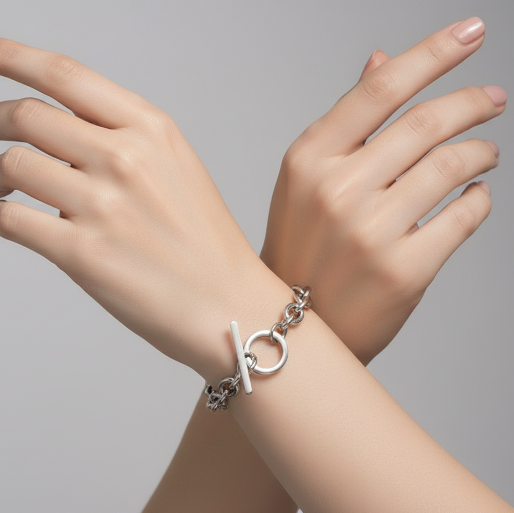 The toggle clasp on this bracelet is not merely functional; it is a prominent design element. It's simple yet elegant mechanism offers a secure closure, while adding a visual focal point to the piece.
