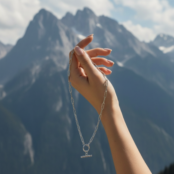 Hand holding a silver necklace with a paperclip design. It's characterized by  its elongated, interconnected oval links, which give it a modern and minimalist aesthetic.