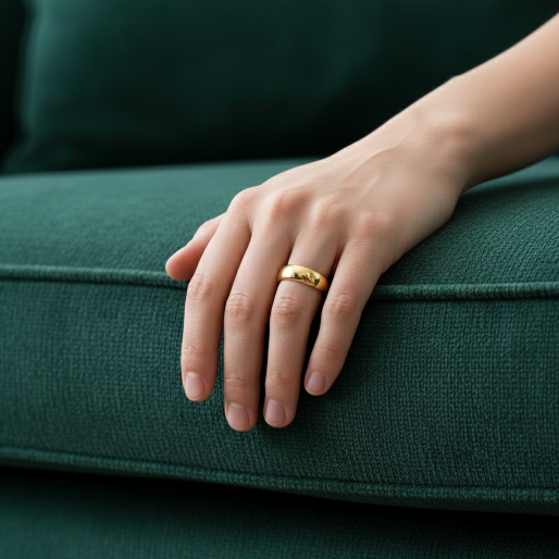 Hand wearing a gold band  ring on a green cushion