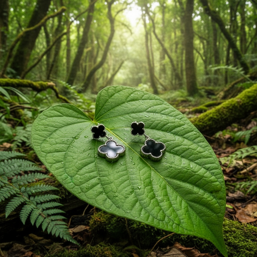 Detail of the silver black qua-trefoil earrings, stud back for pierced ears.