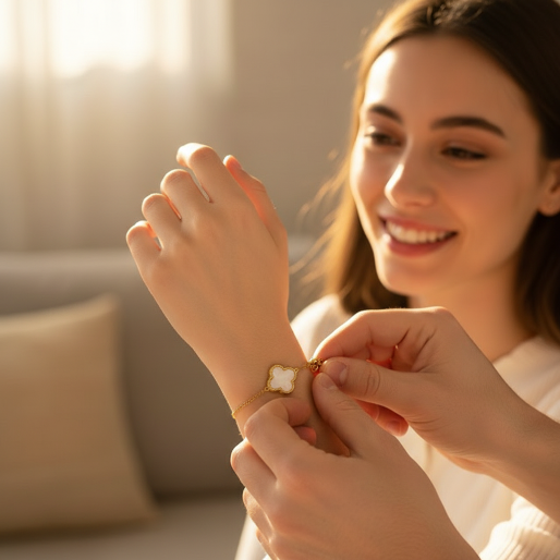 Gold bracelet featuring a white qua-trefoil motif, framed by a gold toned border. 