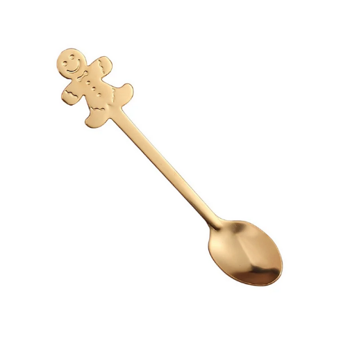 Stainless Steel gold tone Christmas Gingerbread man spoon.  These small, decorative spoons due to his material, are durable and suitable for stirring beverages like coffee and hot cocoa, or for enjoying desserts 