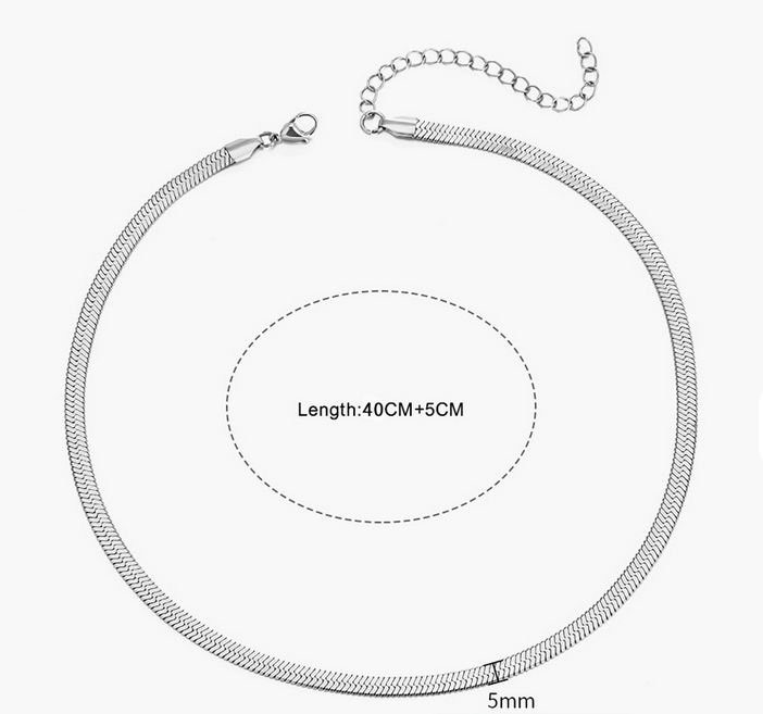 Silver necklace with chain and clasp on a white background showing dimensions
