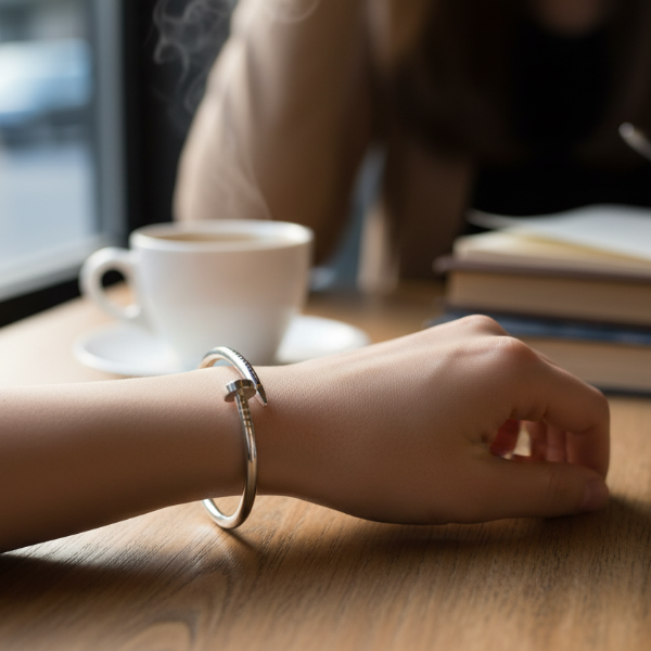 In a cafe, is showing the silver tone nail bracelet wrapping around the wrist, adorning with beauty and style.