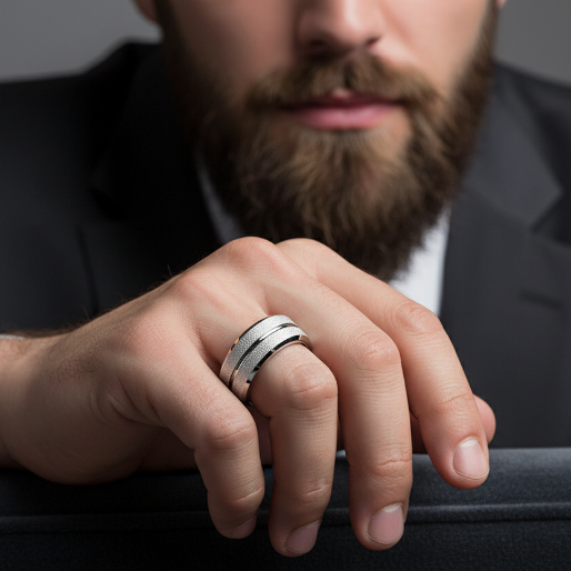Man wearing a silver ring with textured design on a black background