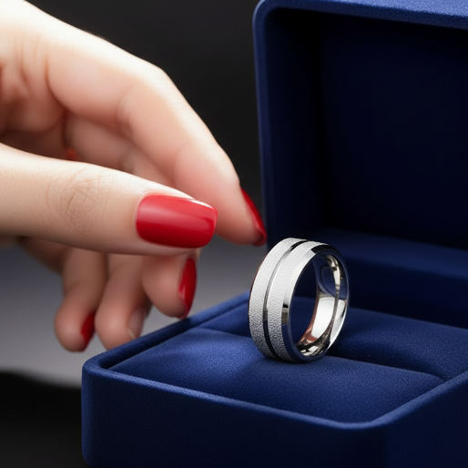 Silver textured ring in a blue velvet box with a woman hand reaching towards it
