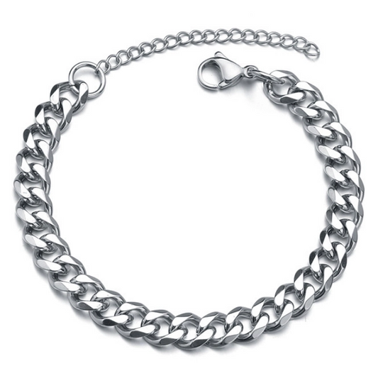 Silver chain bracelet on a white background. This type of bracelets is typically designed for unisex adults, offering broad appeal.