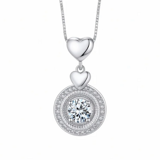 Silver necklace with heart pendants and a round moissanite pendant on a white background