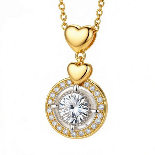 Gold necklace with heart pendants and a central moissanite on a white background