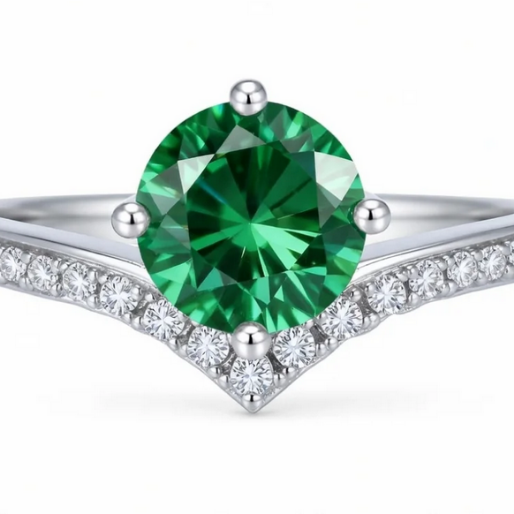 Ring with a green moissanite gemstone and clear gemstone studded V-band on a white background