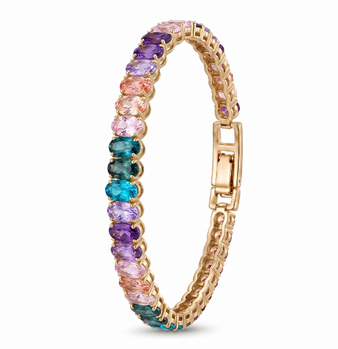 Multicolored moissanite gemstone tennis bracelet with gold clasp on a white background