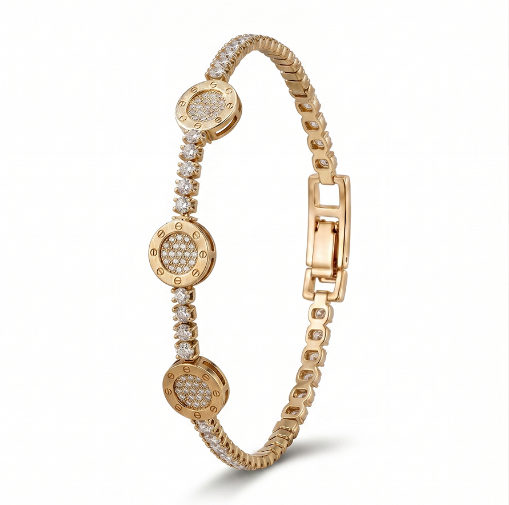 Gold bracelet with diamond and medallion accents on a white background